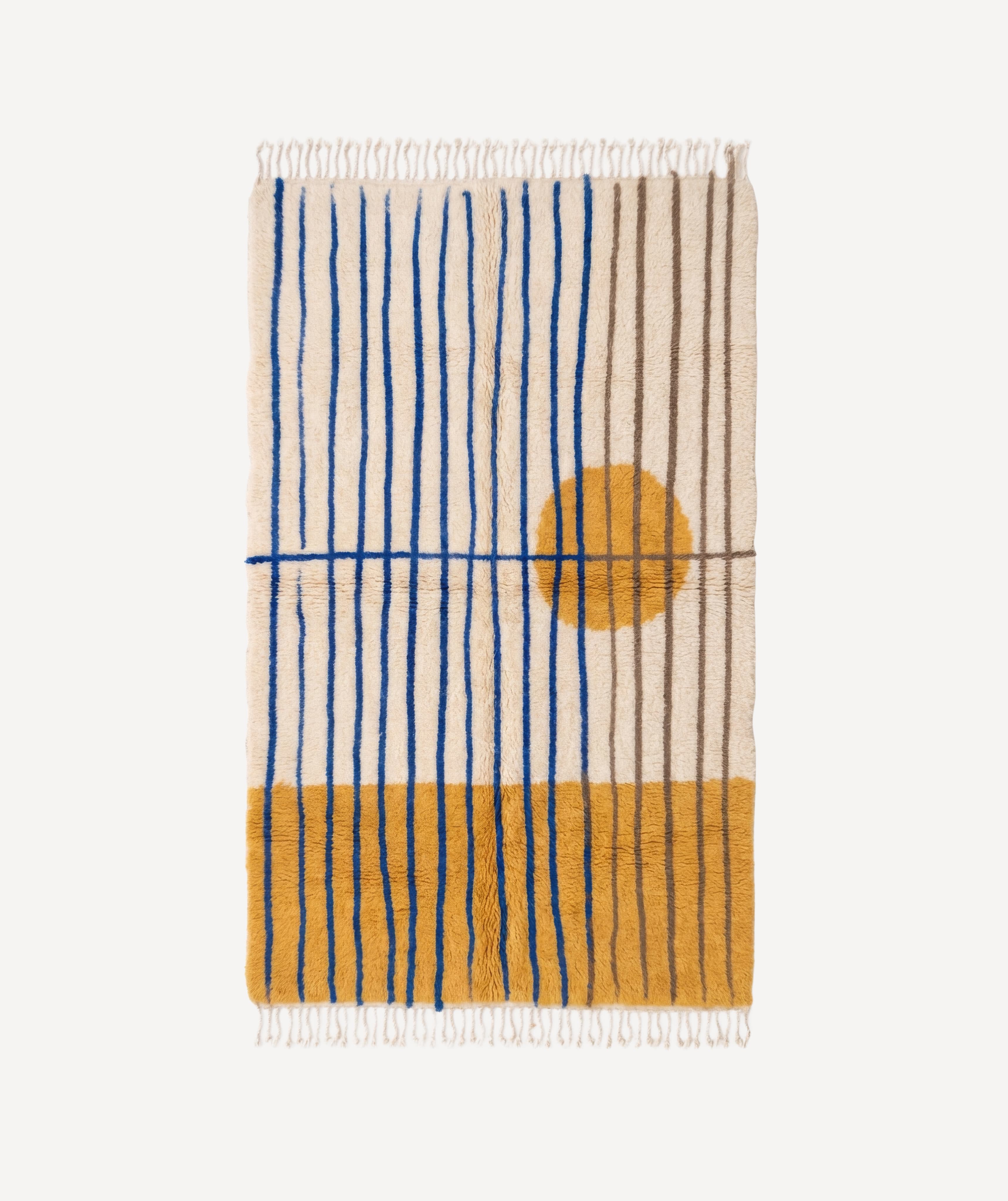 Mediodía hand-knotted Mrirt rug — Natural Cream with Turmeric gold sun circle and Majorelle blue detail — Moussem Mexico Collection